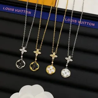 Louis Vuitton Monogram Flower Silver Gold Floral Quatrefoil Pendant Pavé Crystal Accents Necklace