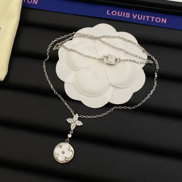 Louis Vuitton Monogram Flower Silver Gold Floral Quatrefoil Pendant Pavé Crystal Accents Necklace 3