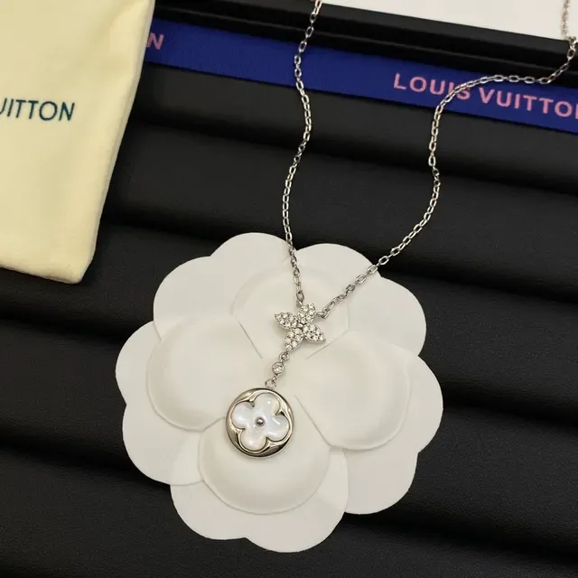 Louis Vuitton Monogram Flower Silver Gold Floral Quatrefoil Pendant Pavé Crystal Accents Necklace 6