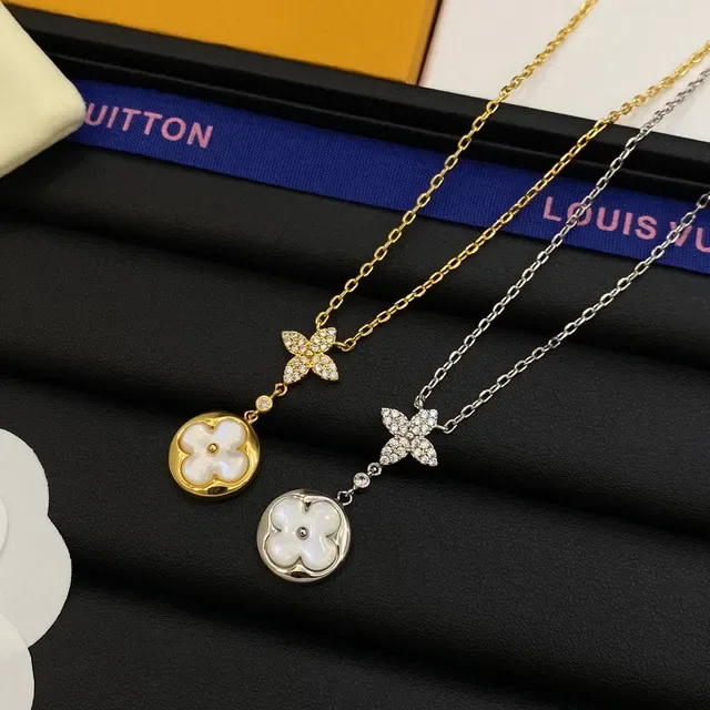 Louis Vuitton Monogram Flower Silver Gold Floral Quatrefoil Pendant Pavé Crystal Accents Necklace 8