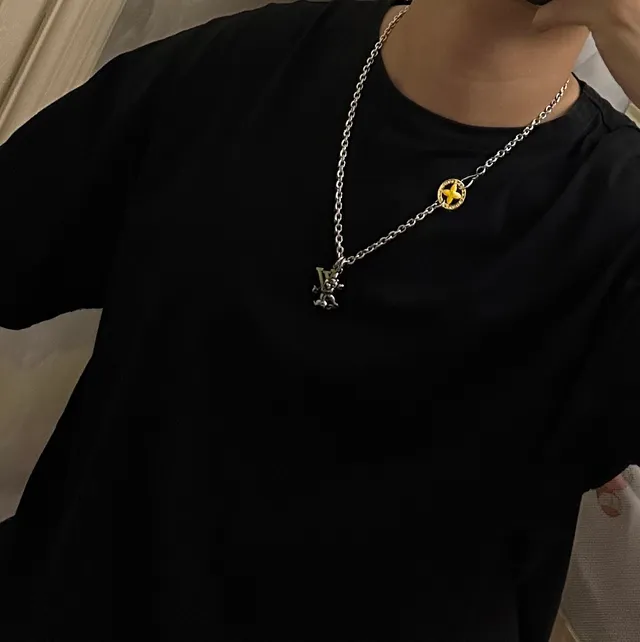 Louis Vuitton Monogram Flower Silver Yellow Curb Chain Enamel Pendant Necklace 2