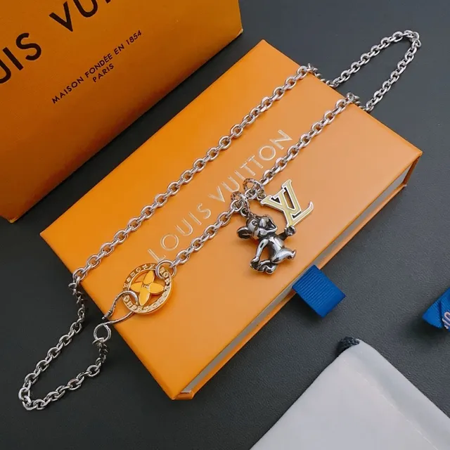 Louis Vuitton Monogram Flower Silver Yellow Curb Chain Enamel Pendant Necklace 3