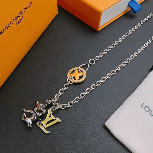 Louis Vuitton Monogram Flower Silver Yellow Curb Chain Enamel Pendant Necklace 4