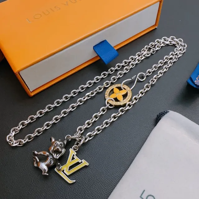 Louis Vuitton Monogram Flower Silver Yellow Curb Chain Enamel Pendant Necklace 6