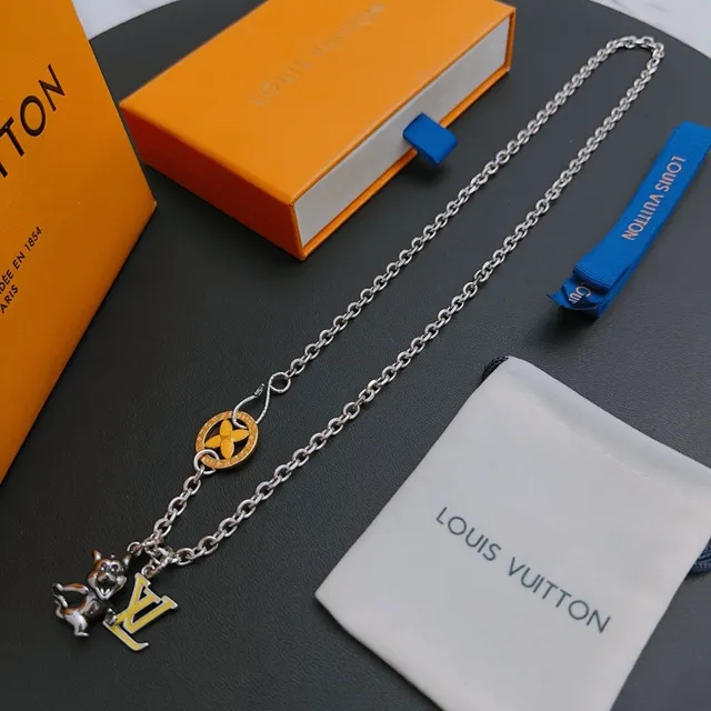 Louis Vuitton Monogram Flower Silver Yellow Curb Chain Enamel Pendant Necklace 9