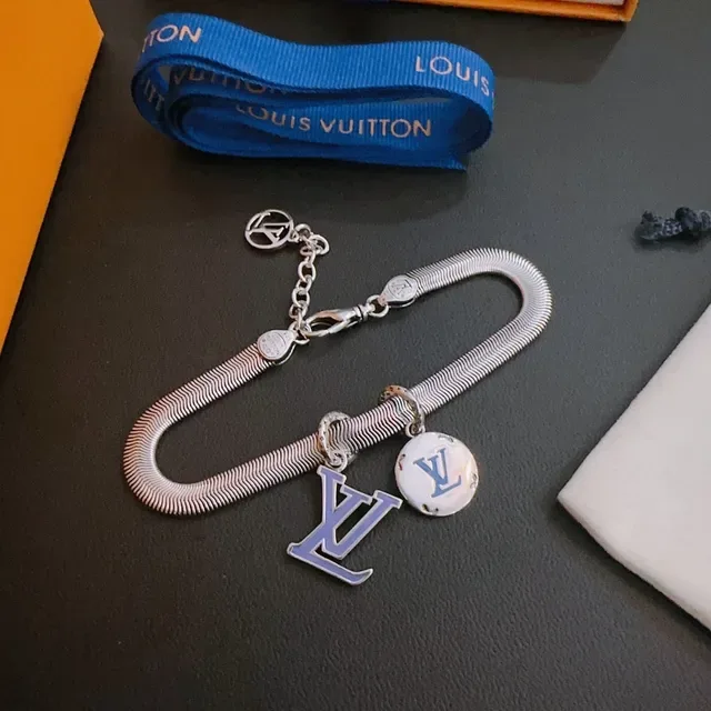 Louis Vuitton Monogram Jewelry Silver Blue Snake-Chain Enamel-Charm Bracelet 3