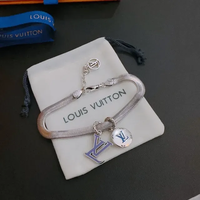 Louis Vuitton Monogram Jewelry Silver Blue Snake-Chain Enamel-Charm Bracelet 6