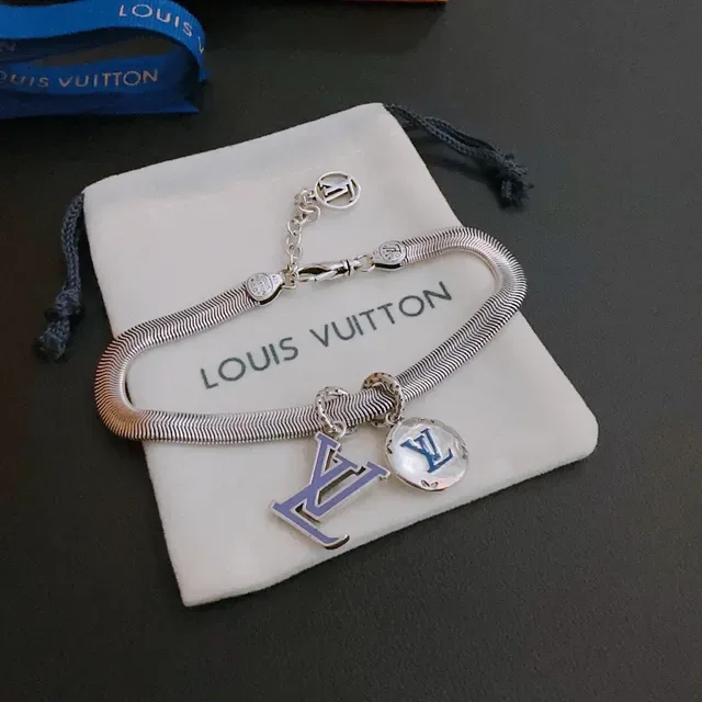 Louis Vuitton Monogram Jewelry Silver Blue Snake-Chain Enamel-Charm Bracelet 8