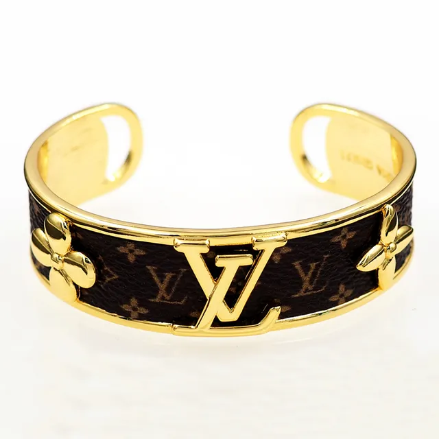 Louis Vuitton Monogram Cuero y Flor en tono dorado Brazalete de muñeca 3