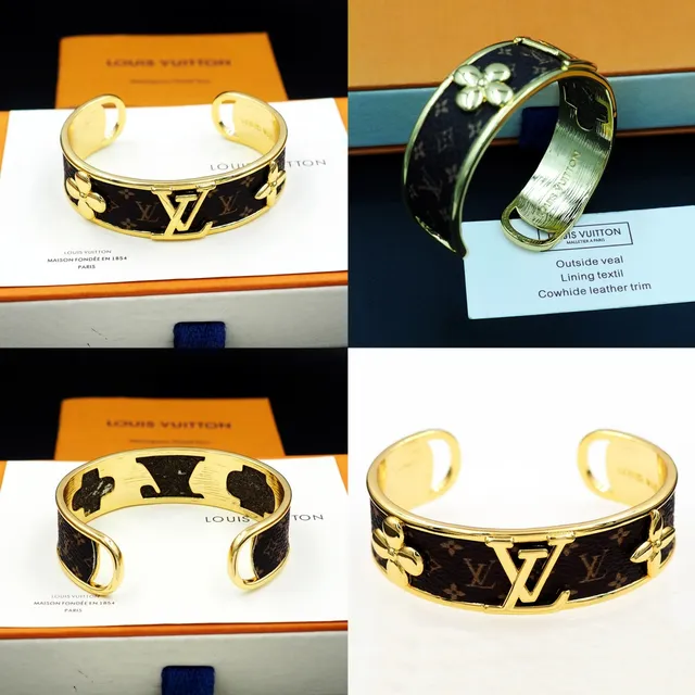 Louis Vuitton Monogram Cuero y Flor en tono dorado Brazalete de muñeca 13