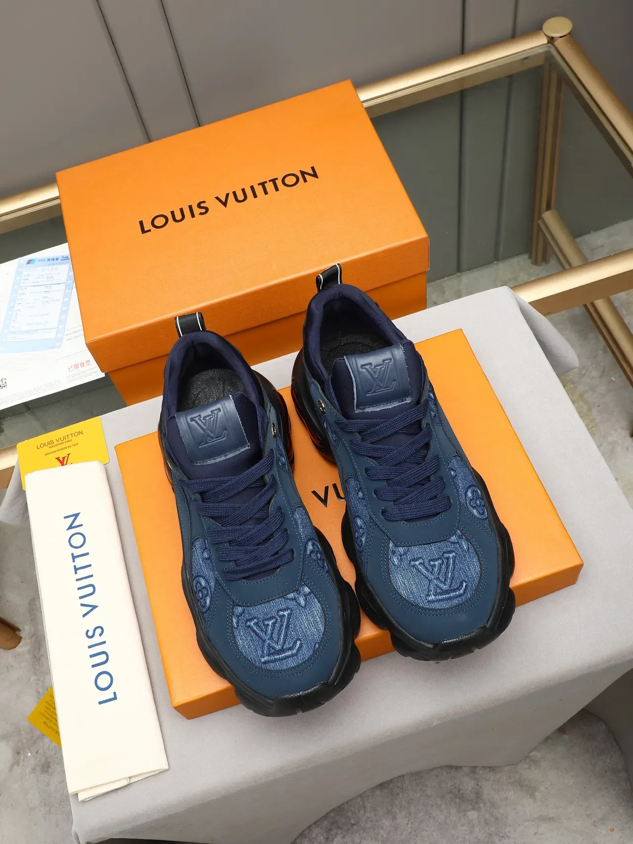 Louis Vuitton Navy Blue Oversized Wavy Sole Monogrammed Textile Panels Chunky Sneakers 3