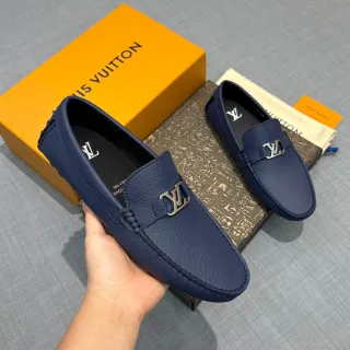 路易威登 海军 银色 纹理粒面皮革 金属 LV 扣 乐福鞋