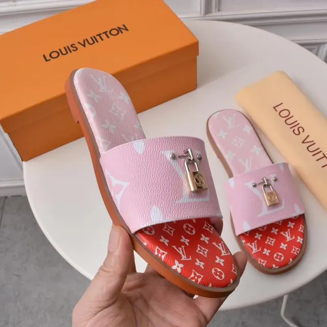 Louis Vuitton Pink Red Monogram-Printed Padlock-Accented Slippers 4