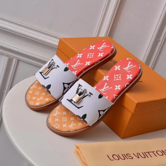 Louis Vuitton Red White Monogram-Printed Padlock-Embellished Slippers 2