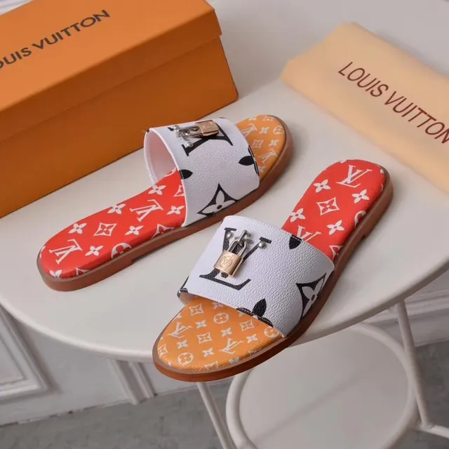 Louis Vuitton Red White Monogram-Printed Padlock-Embellished Slippers 3