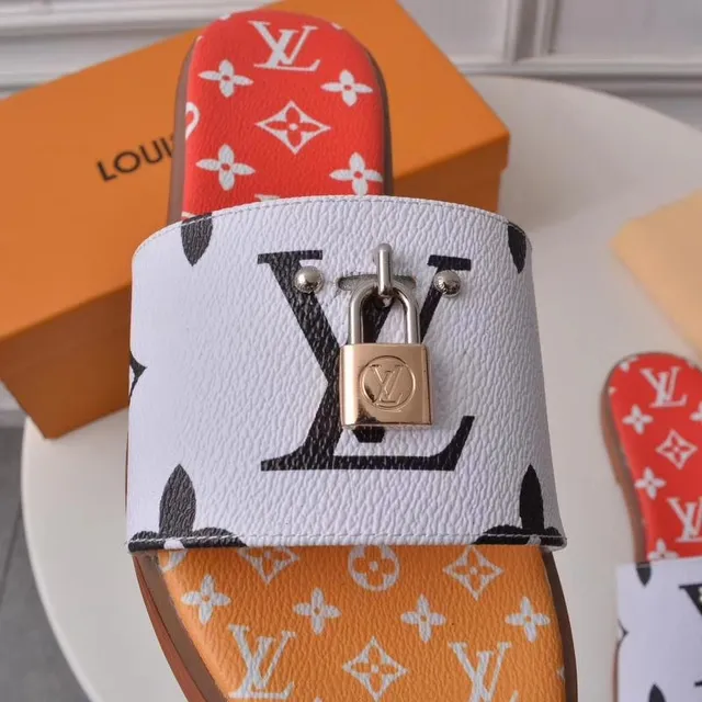 Louis Vuitton Red White Monogram-Printed Padlock-Embellished Slippers 4