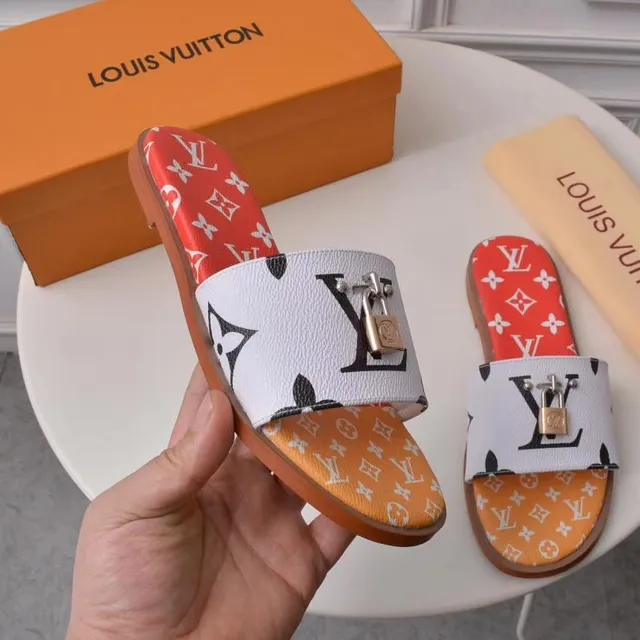 Louis Vuitton Red White Monogram-Printed Padlock-Embellished Slippers 5