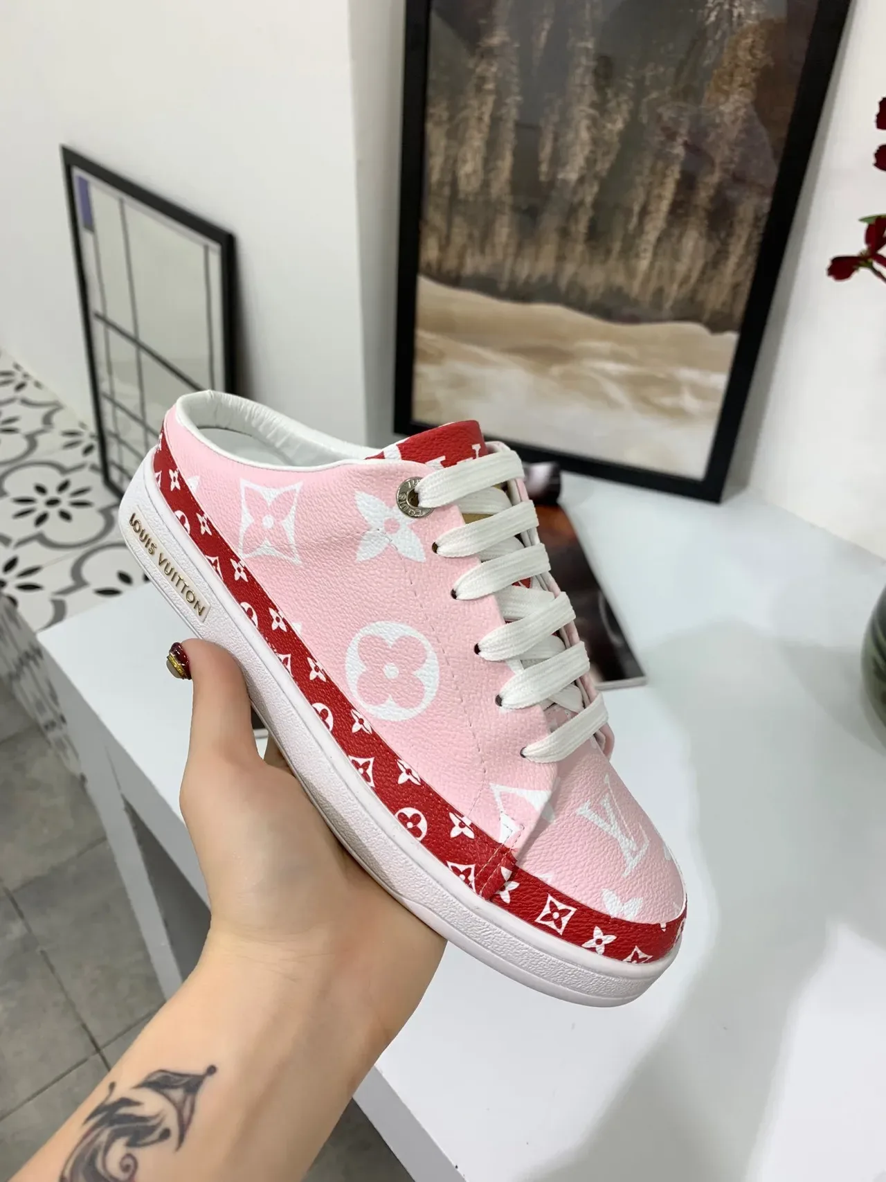 Louis Vuitton Run Away Monogram Pink and Red Mule Lifestyle Sneakers 2