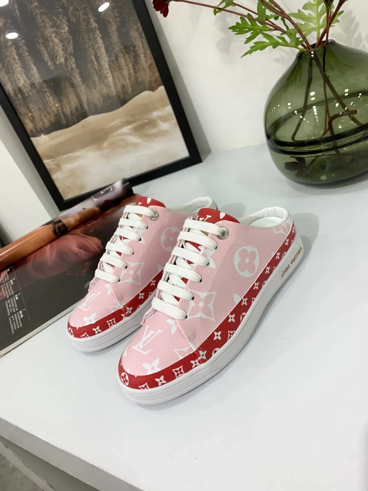 Louis Vuitton Run Away Monogram Pink and Red Mule Lifestyle Sneakers 3