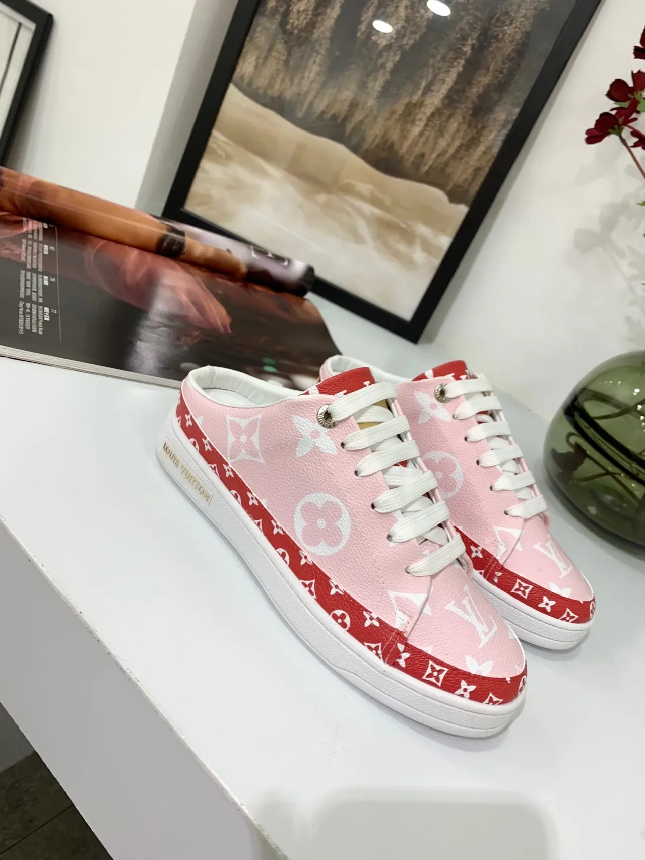Louis Vuitton Run Away Monogram Pink and Red Mule Lifestyle Sneakers 4