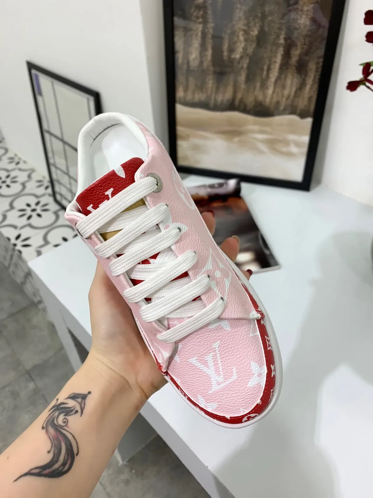 Louis Vuitton Run Away Monogram Pink and Red Mule Lifestyle Sneakers 5