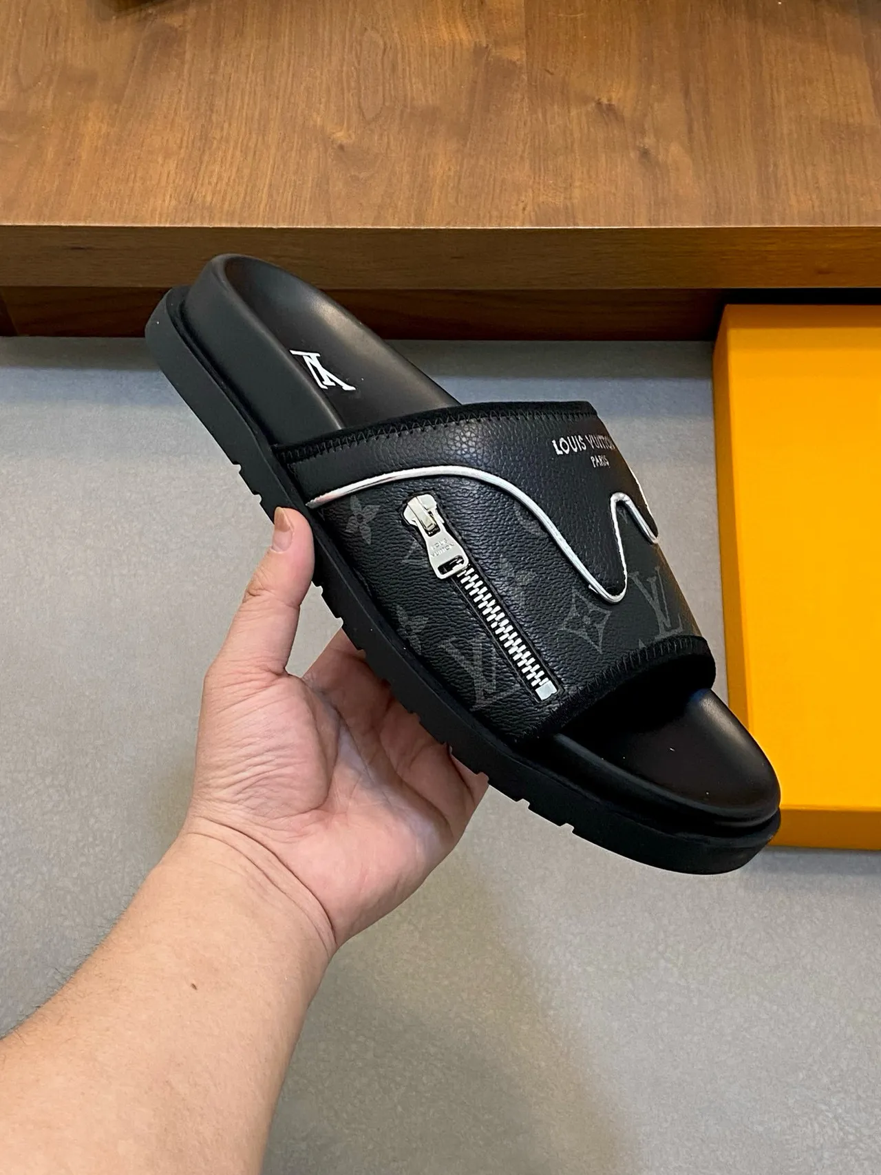 Louis Vuitton Run Away Slide Black Monogram Leather Zipper Slipper 5