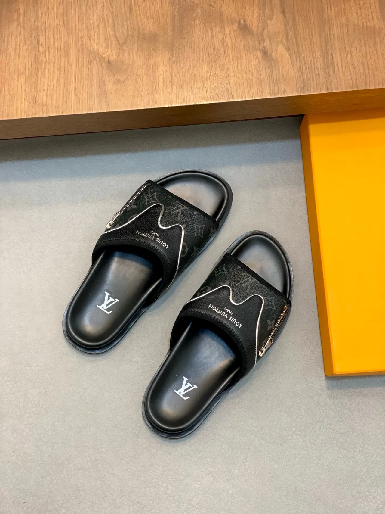 Louis Vuitton Run Away Slide Black Monogram Leather Zipper Slipper 6