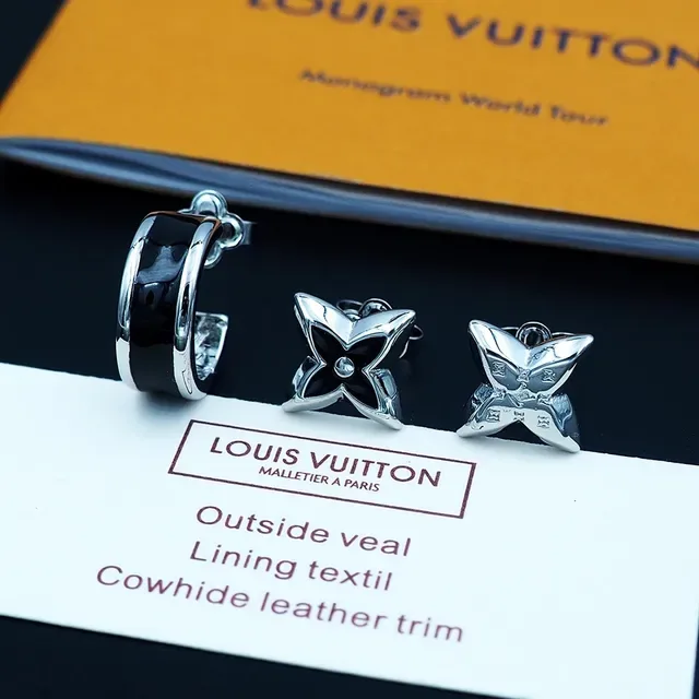 Louis Vuitton Silver Black Metal Enamel Inlay Earrings 3