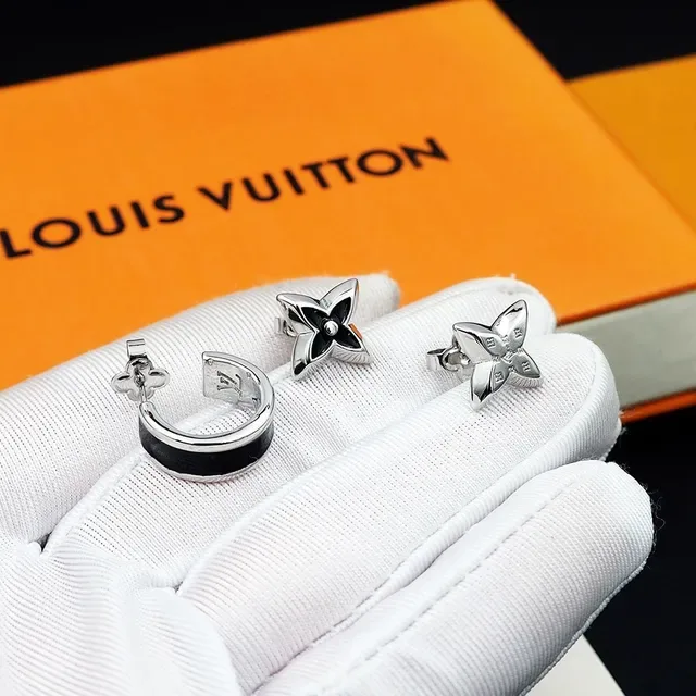 Louis Vuitton Silver Black Metal Enamel Inlay Earrings 5