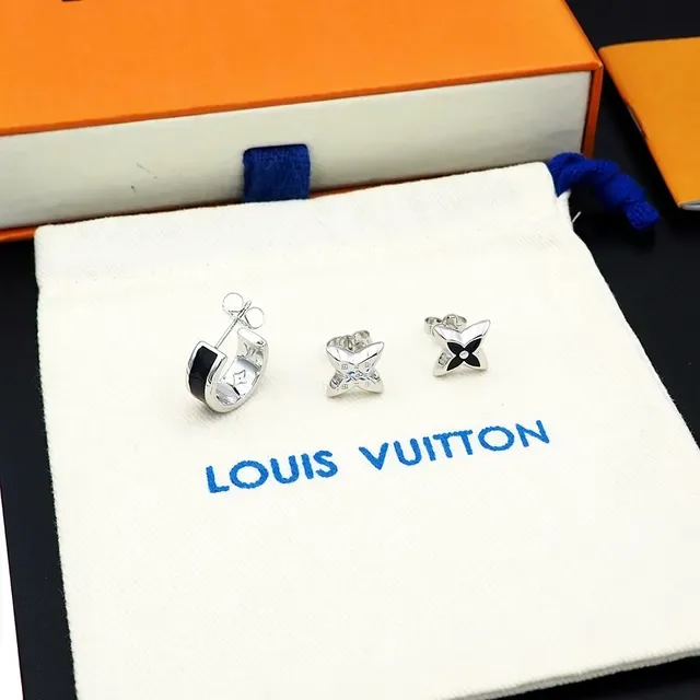Louis Vuitton Silver Black Metal Enamel Inlay Earrings 6