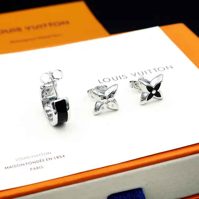 Louis Vuitton Silver Black Metal Enamel Inlay Earrings 7