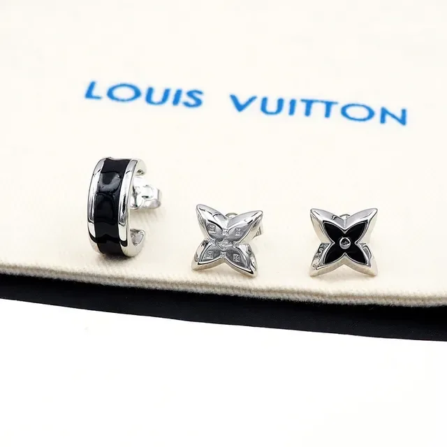 Louis Vuitton Silver Black Metal Enamel Inlay Earrings 8