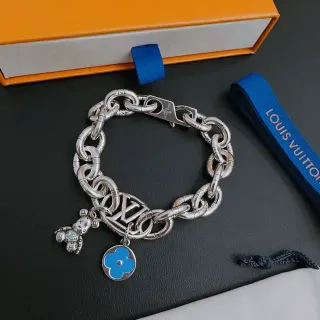 Louis Vuitton Silver Blue Chunky Oval-Link Chain Engraved LV Monogram Bracelet