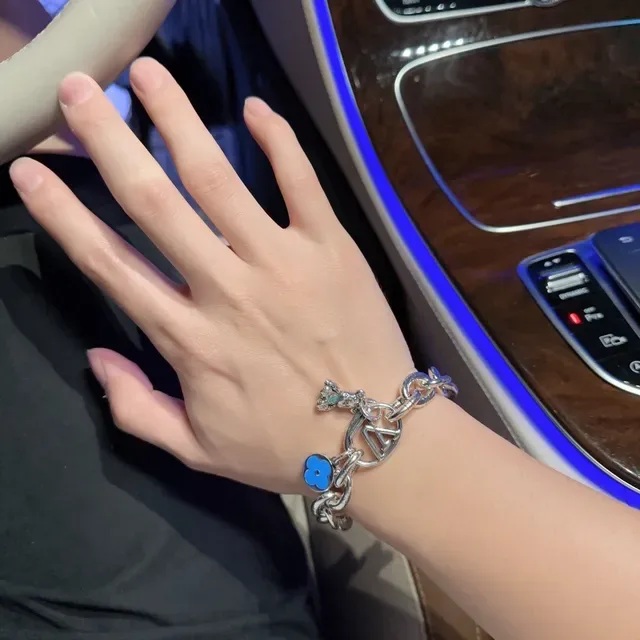 Louis Vuitton Silver Blue Chunky Oval-Link Chain Engraved LV Monogram Bracelet 4