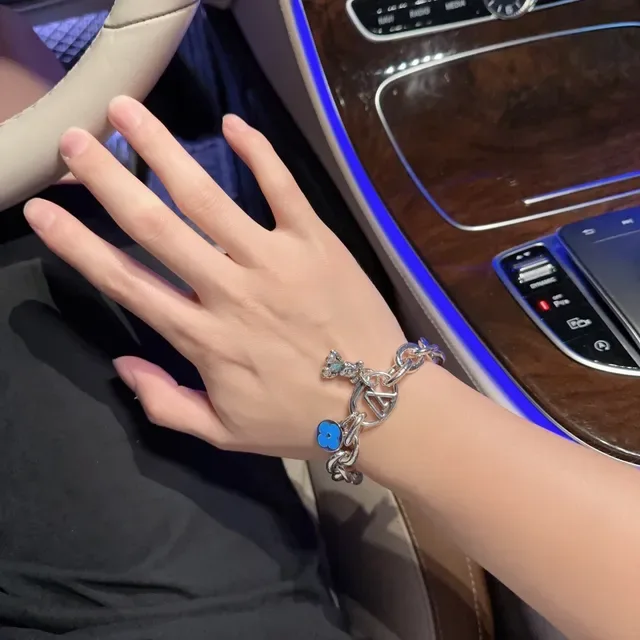 Louis Vuitton Silver Blue Chunky Oval-Link Chain Engraved LV Monogram Bracelet 7
