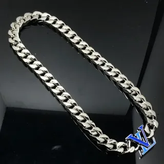 Louis Vuitton Silver Blue Curb-Link Chain Enamel Monogram Pendant Necklace