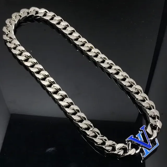 Louis Vuitton Silver Blue Curb-Link Chain Enamel Monogram Pendant Necklace 2