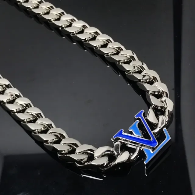 Louis Vuitton Silver Blue Curb-Link Chain Enamel Monogram Pendant Necklace 4