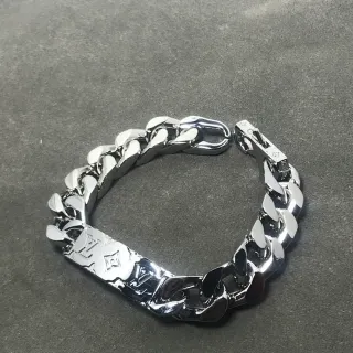 Louis Vuitton Silver Chunky Curb-Link Chain Engraved Monogram Plate Bracelet