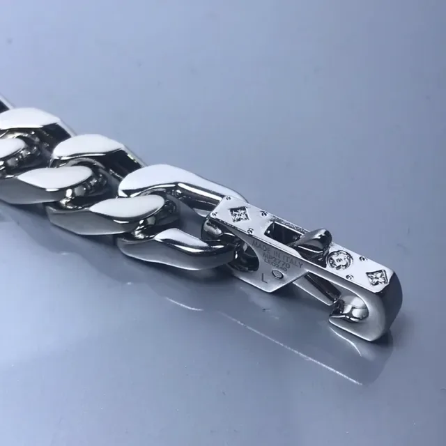 Louis Vuitton Silver Chunky Curb-Link Chain Engraved Monogram Plate Bracelet 3