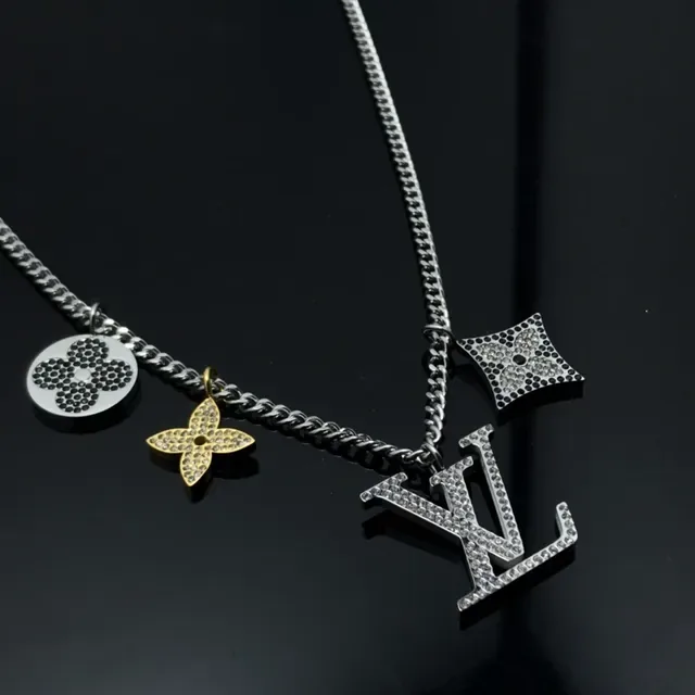 Louis Vuitton Silver Gold Multi-Charm Crystal-Embellished Necklace 4