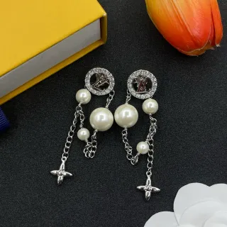 Louis Vuitton Plata Blanco Monograma Stud Perla Drop Aretes