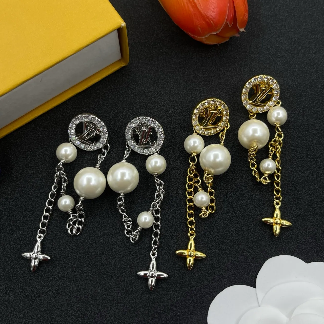 Louis Vuitton Silver White Monogram-Stud Pearl-Drop Earrings 2
