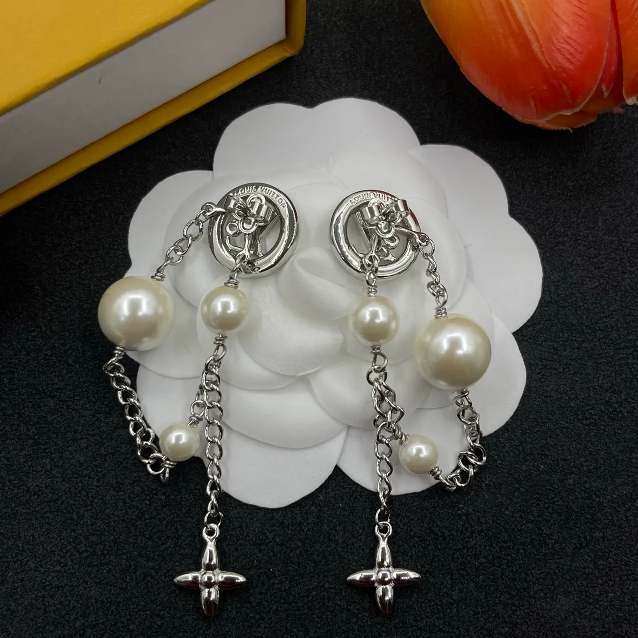Louis Vuitton Silver White Monogram-Stud Pearl-Drop Earrings 3