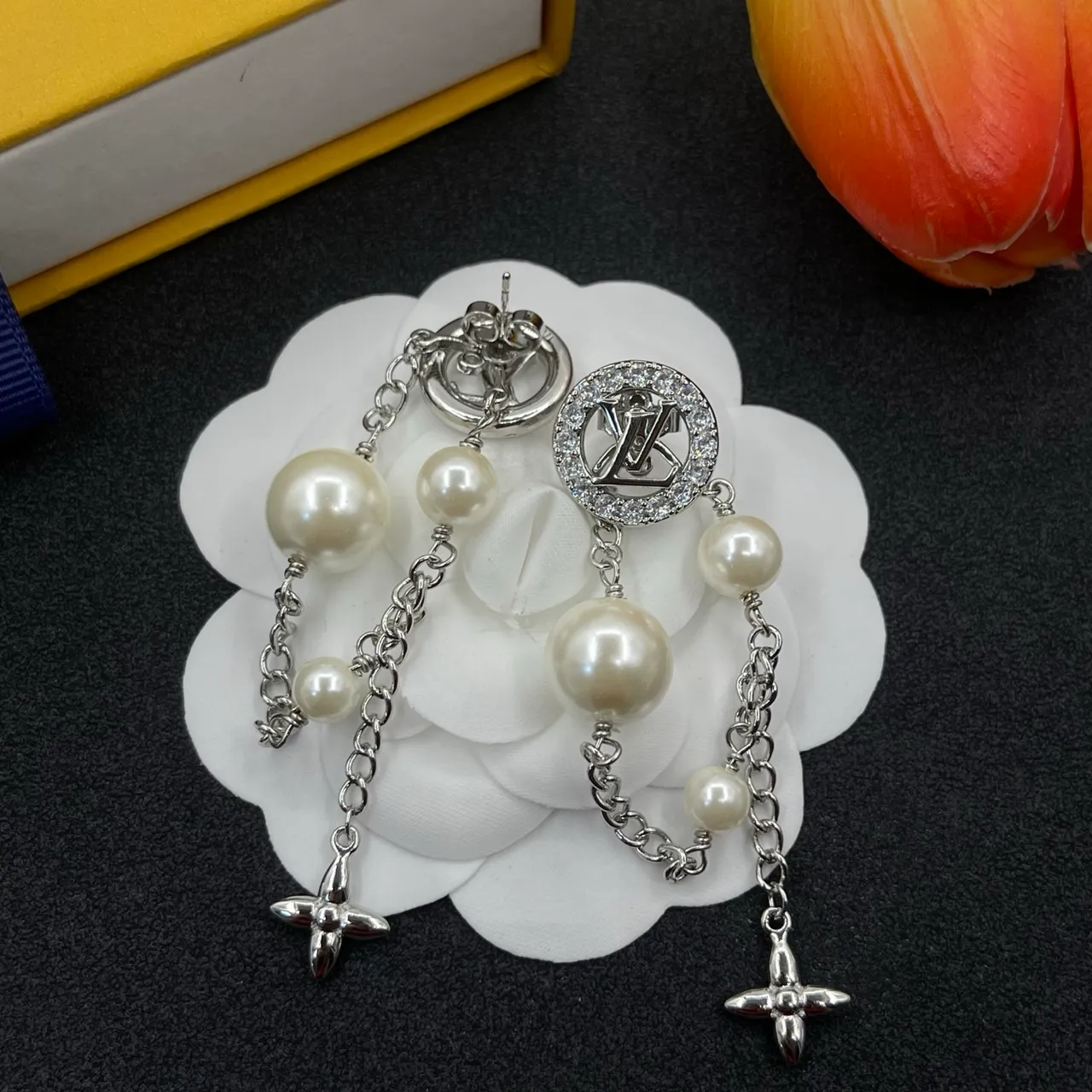 Louis Vuitton Silver White Monogram-Stud Pearl-Drop Earrings 5