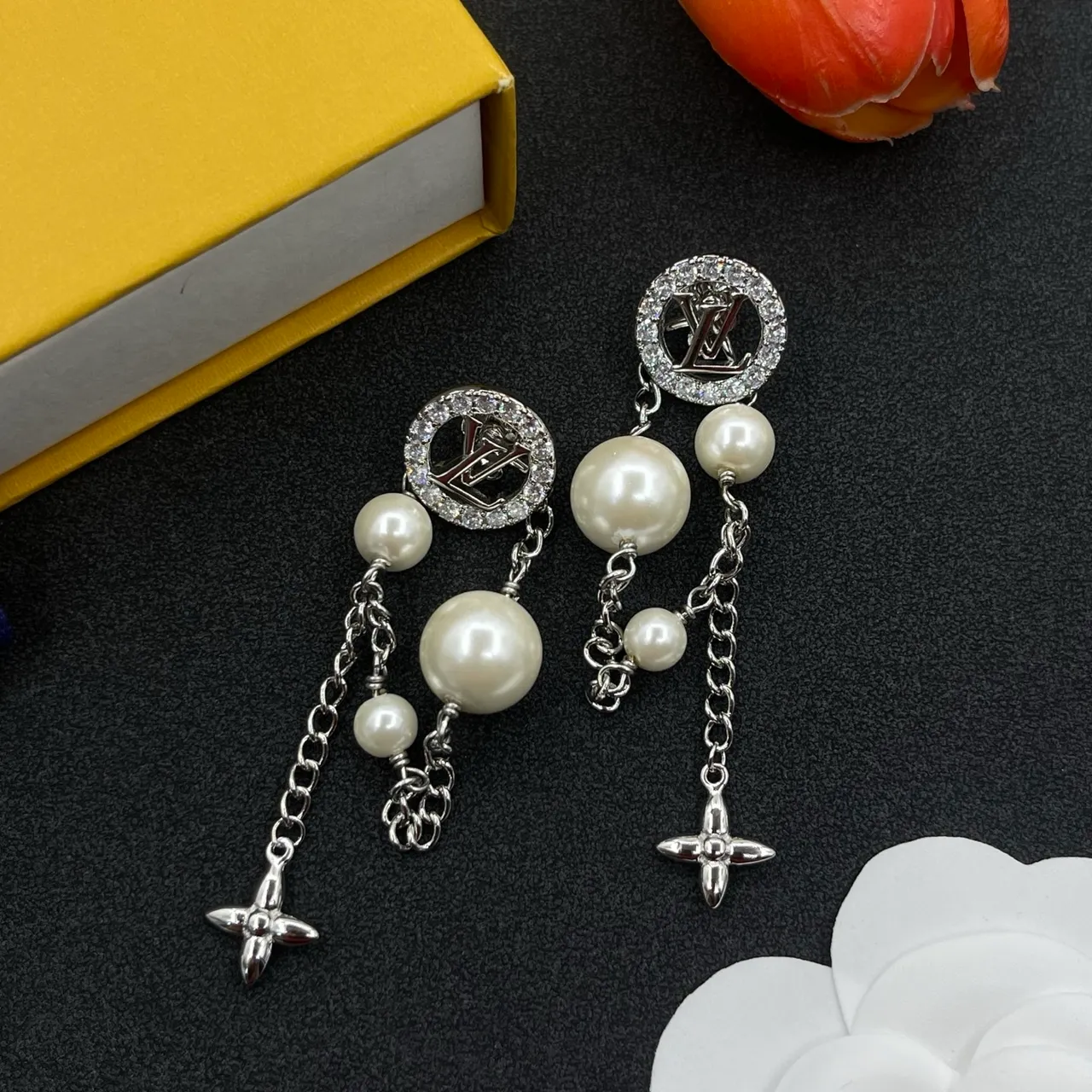 Louis Vuitton Silver White Monogram-Stud Pearl-Drop Earrings 7