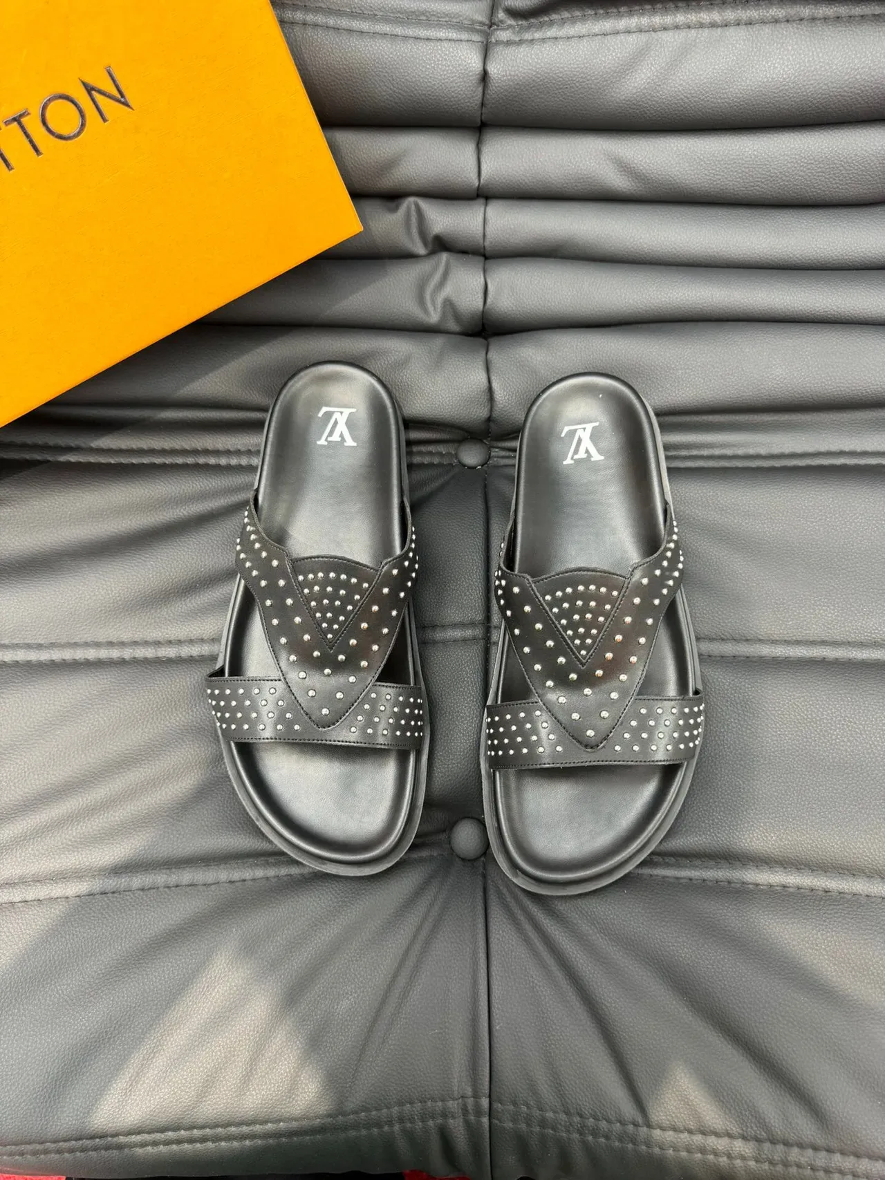 Louis Vuitton Slide Black Silver Studded Crisscross Strap Slippers 2