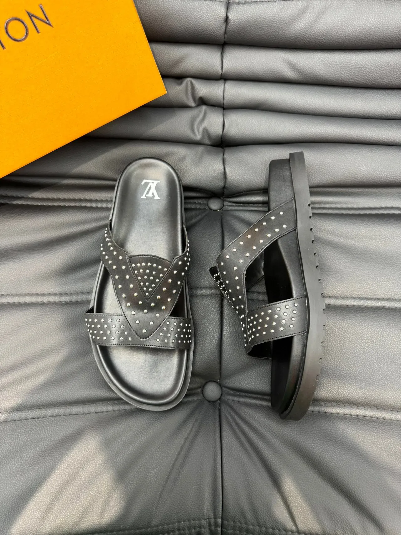 Louis Vuitton Slide Black Silver Studded Crisscross Strap Slippers 3