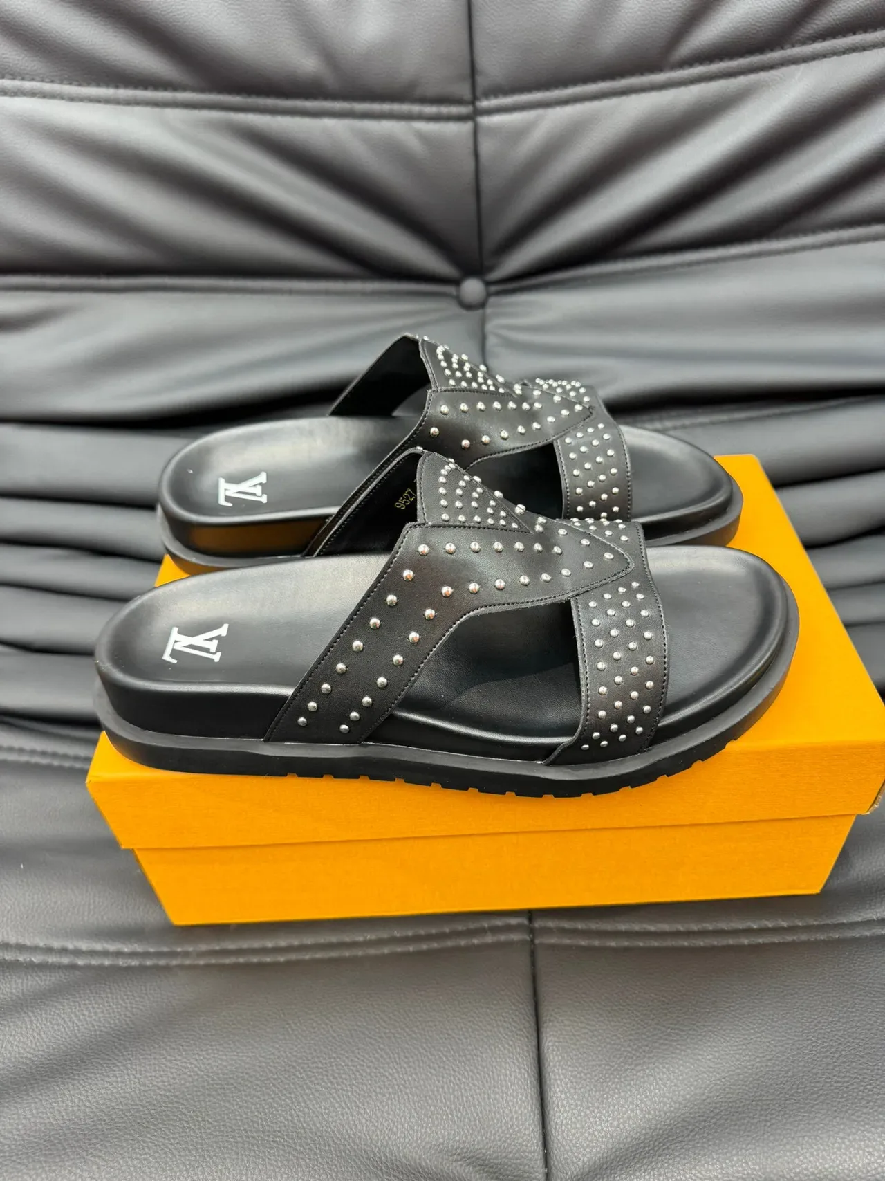 Louis Vuitton Slide Black Silver Studded Crisscross Strap Slippers 4