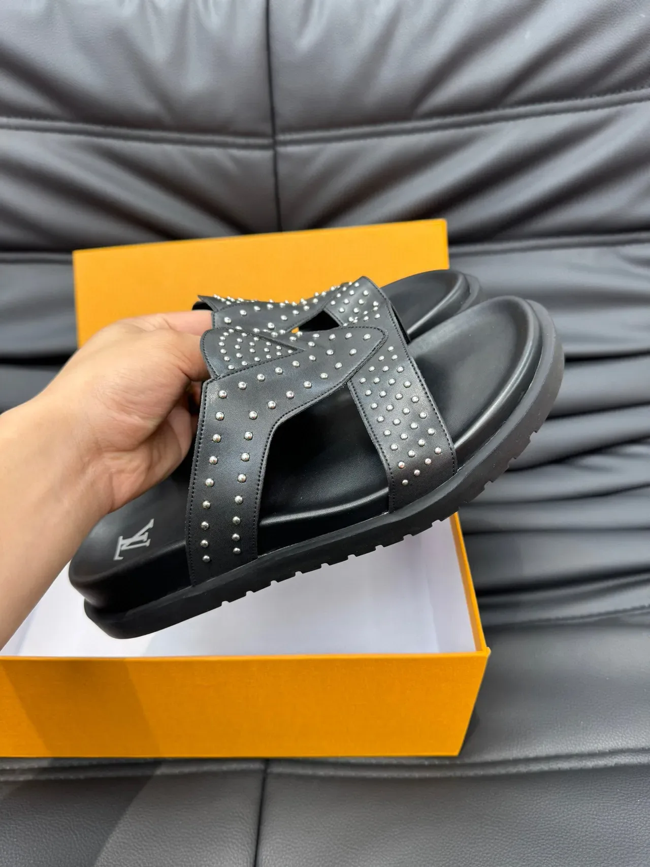 Louis Vuitton Slide Black Silver Studded Crisscross Strap Slippers 6